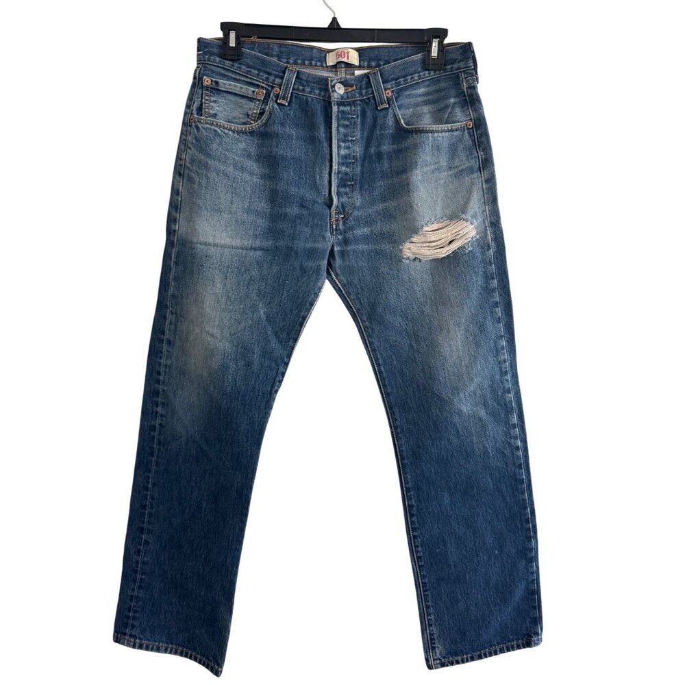 Levis 501 Original Button-Fly Jeans Straight Fit Distressed W34xL30 Medium Wash
